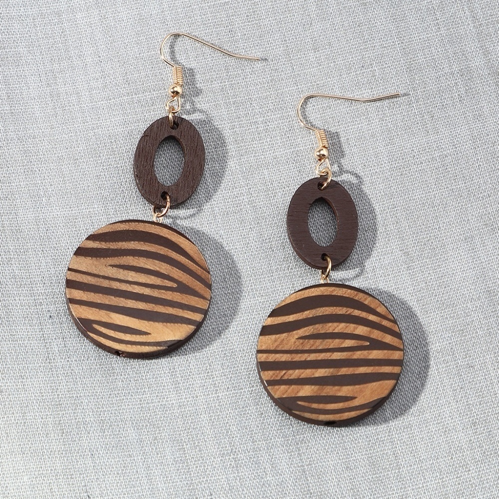 *ANIERA* Dark Brown Simple Round Zebra Print Wooden Fashion Earrings
